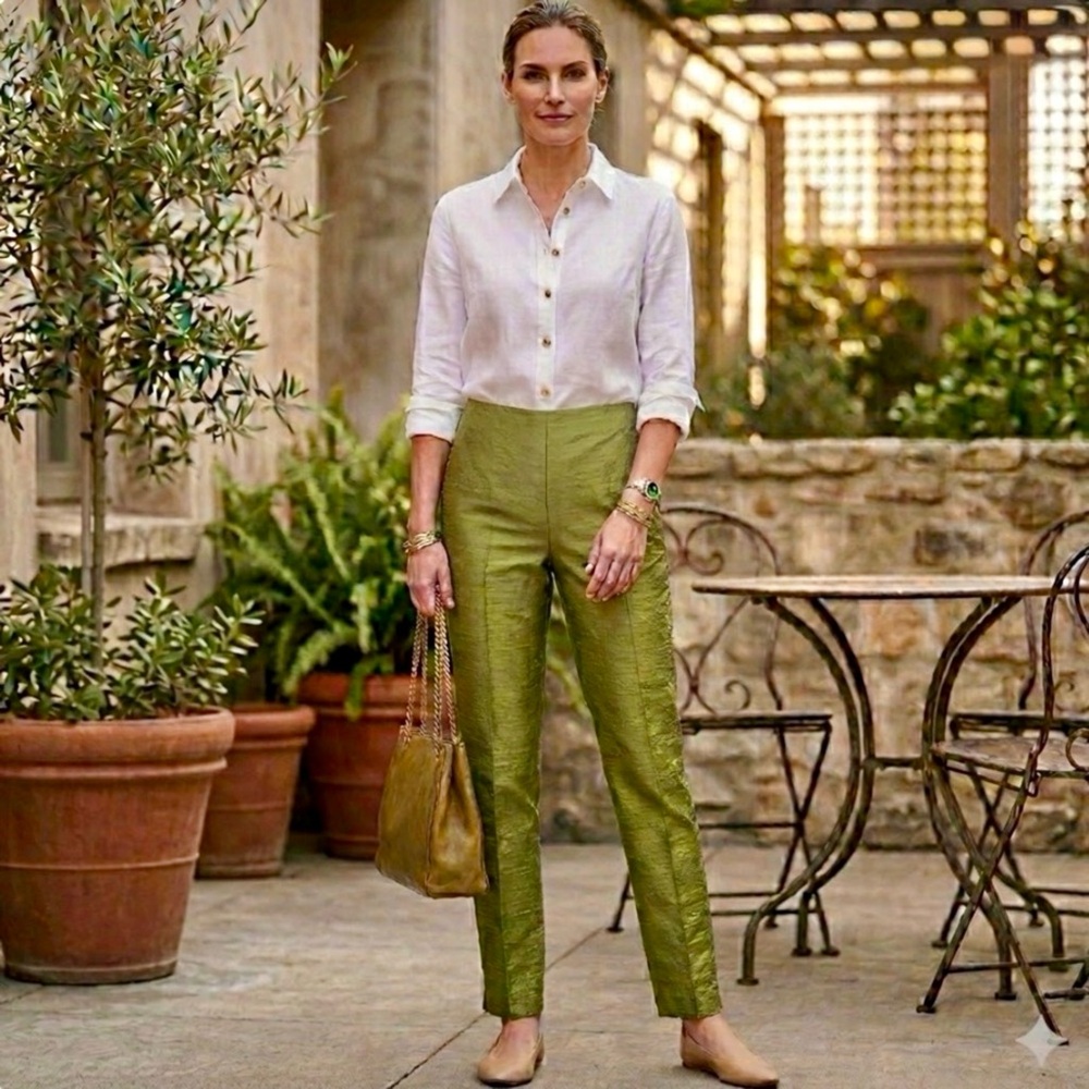 Vintage Jones New York Silk Pants 14 Olive Straight Leg High Rise Career NWT